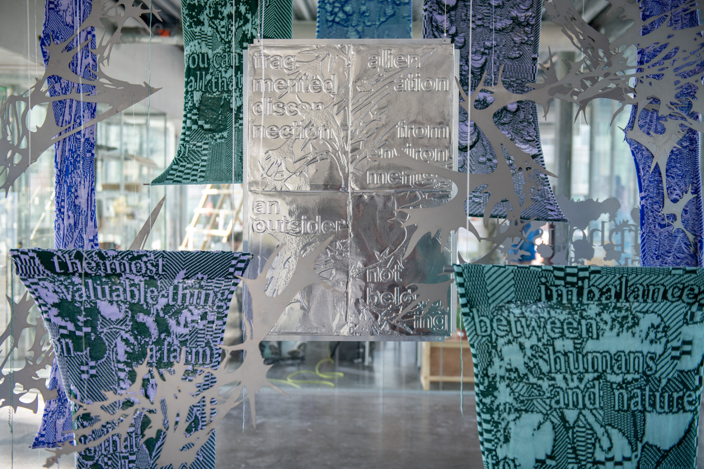 Textile installation about The Polarisation Between Urban and Rural Landscapes